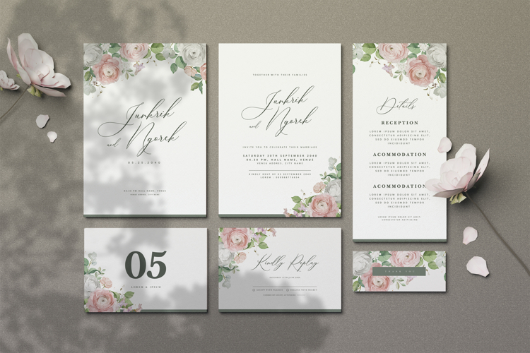 wedding card invitation set with roses flower wreath