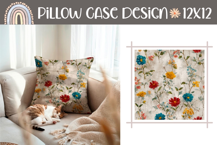 Cartoon Flowers Pillow PNG, Floral Pillow Case Template