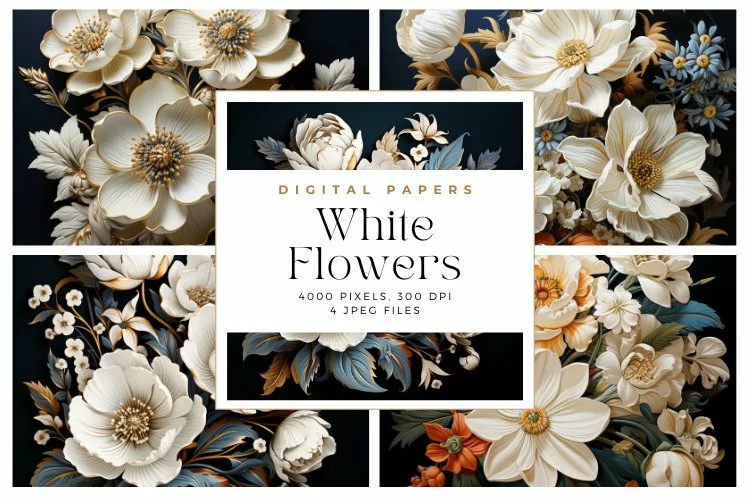 4 3D White Flowers Pattern Background