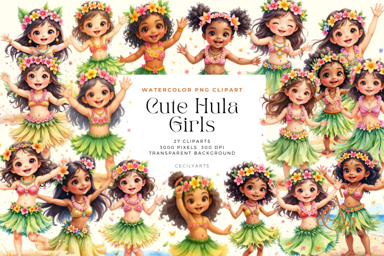 Watercolor Cute Hula Girl Cliparts Bundle