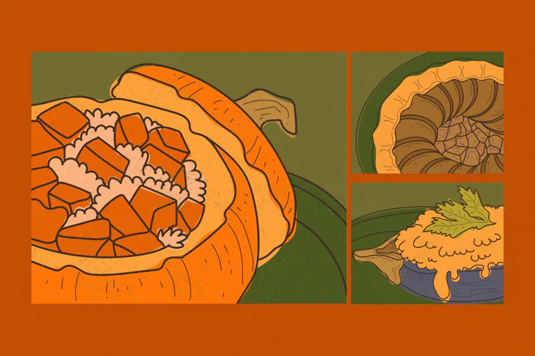 Autumn Food Close Up Pumpkin Dishes Illustrations