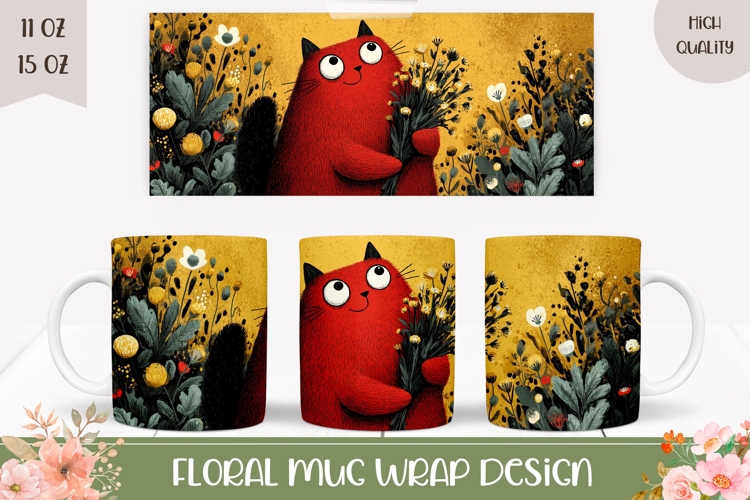Cartoon Red Cat Mug Wrap, Floral Mug Sublimation