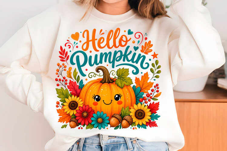 Hello Pumpkin PNG Cute Floral Fall Sublimation example image 1