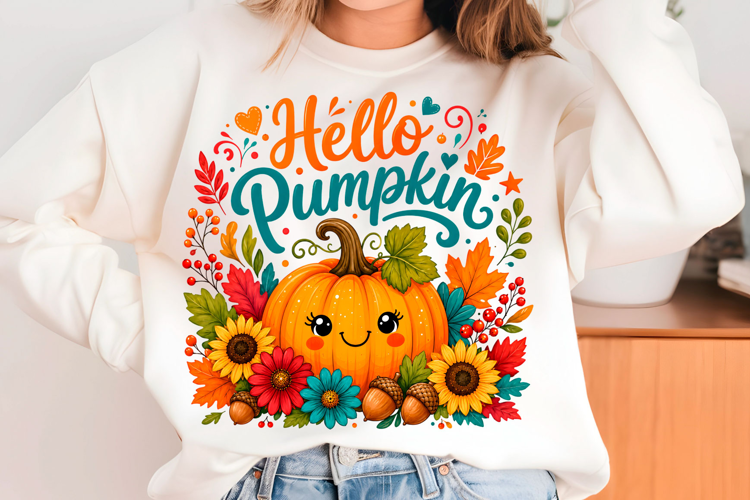 Hello Pumpkin PNG Cute Floral Fall Sublimation