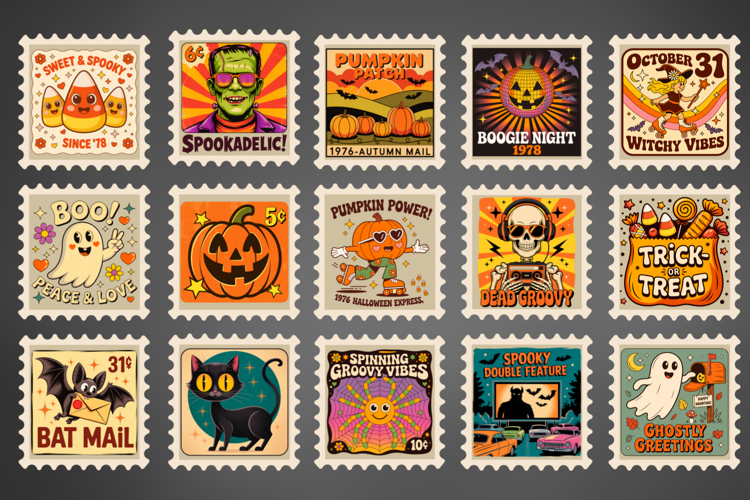 15 Vintage Halloween Postage Stamp Clipart Png