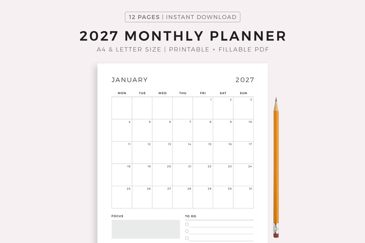 2027 Monthly Planner, Printable & Fillable PDF, A4/Letter
