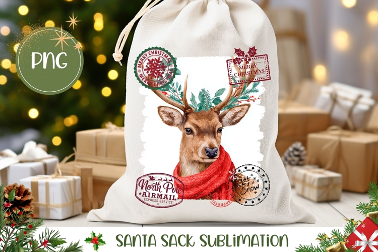 Winter Deer Santa Sack PNG, Christmas Gift Bag Design