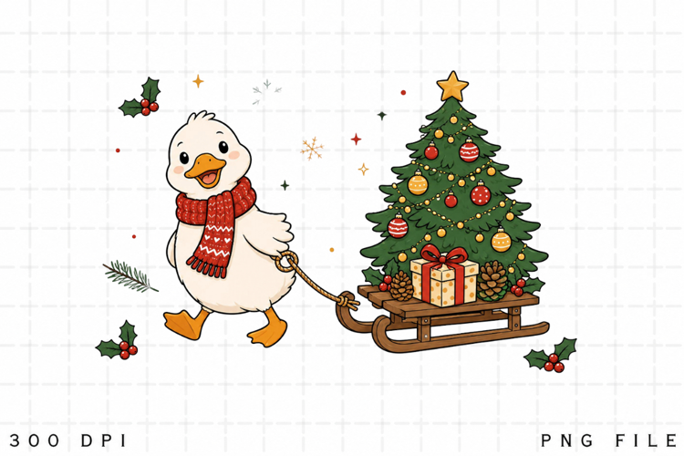 Cute Christmas Duck PNG, Duck Pulling Christmas Tree Sled
