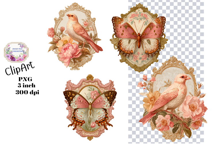 Butterfly, Flowers, Ephemera, PNG, Junk Journal, clipart