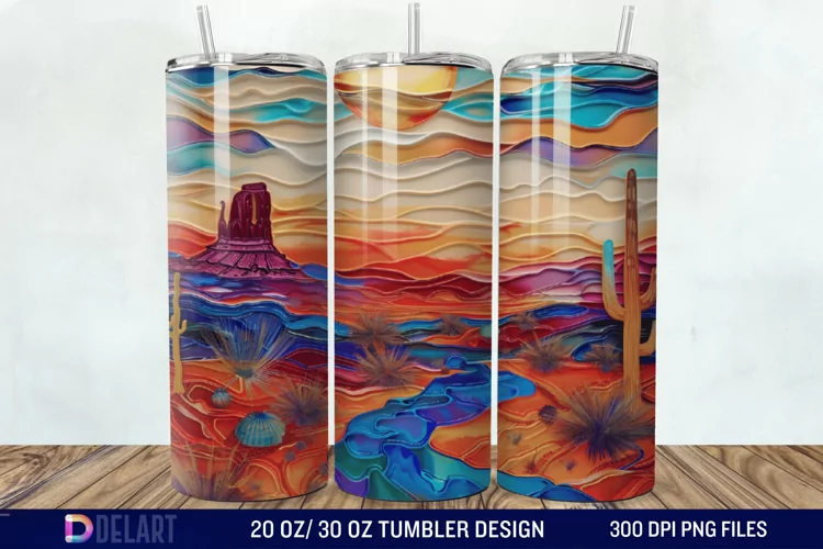 3D Tranquil Desert Oasis Stained Glass Tumbler Wrap