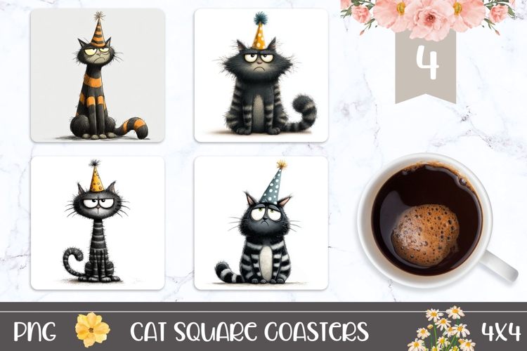 Cartoon Cat Square Coasters, Funny Square Coaster Designs