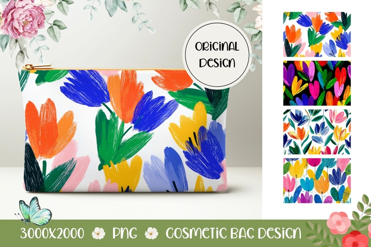 Cartoon Tulips Cosmetic Bag, Flowers Cosmetic Bag PNG
