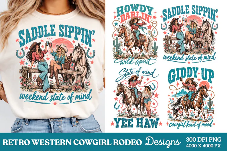 Saddle Sippin Cowgirl PNG, Retro Western Cowgirl Rodeo PNG,