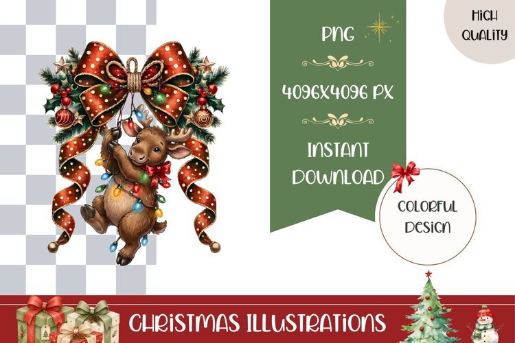 Cartoon Christmas Moose Illustration, Cute Christmas PNG example image 1