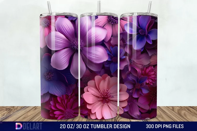 3D Fuchsia and Violet Flowers Tumbler Wrap
