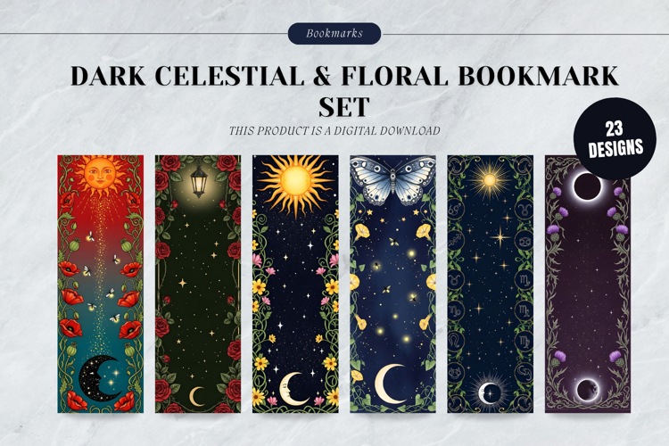 Dark Celestial & Floral Bookmark Set,Mystic Moon & Gothic