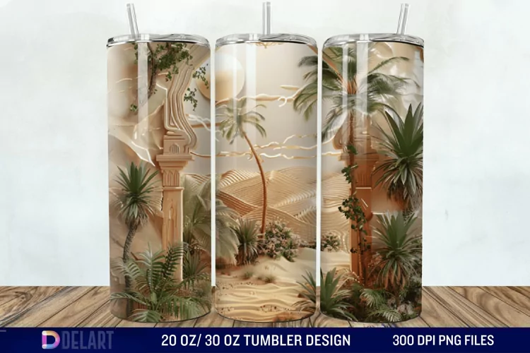 3D Tranquil Desert Oasis Stained Glass Tumbler Wrap