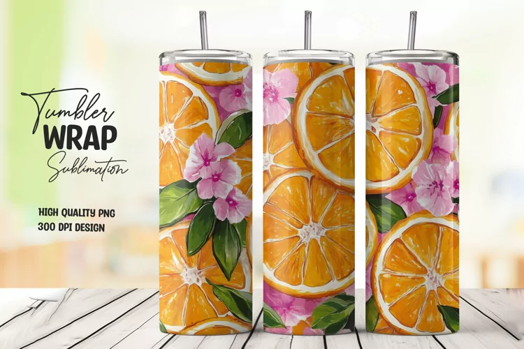 Orange with Leaves and Flowers Tumbler Wrap Sublimation