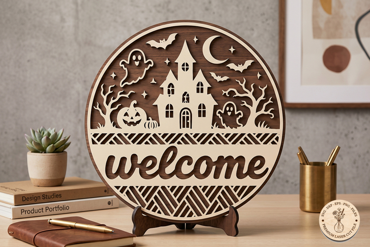 Halloween Welcome Round Sign SVG Haunted House Laser Cut