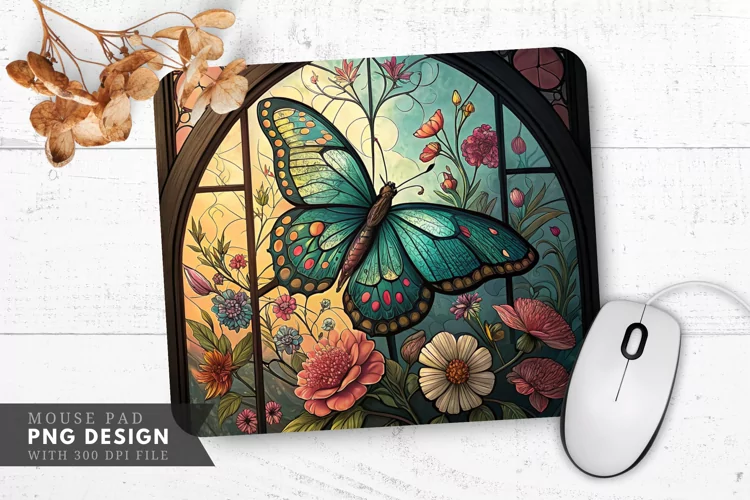 Butterfly and Floral Stained Glass Design Mouse Pad PNG