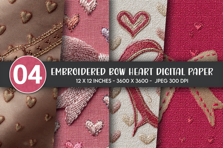 Embroidered Bow Heart Digital Paper
