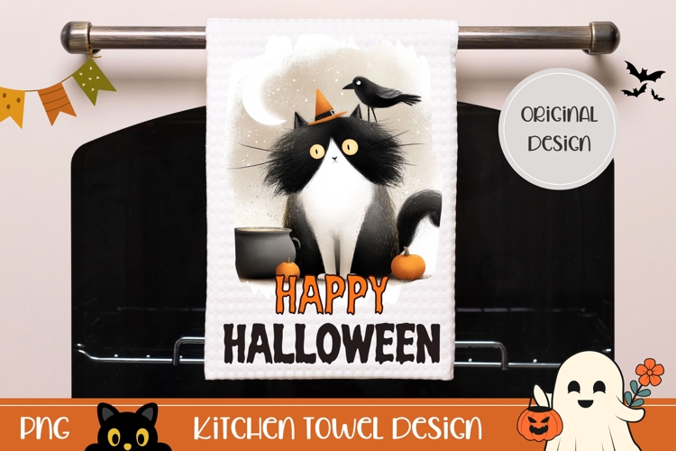 Spooky Halloween Cat Towel, Cartoon Halloween Sublimation