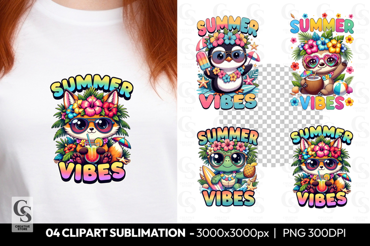 Summer Vibes Cute Animal Clipart PNG Sublimation