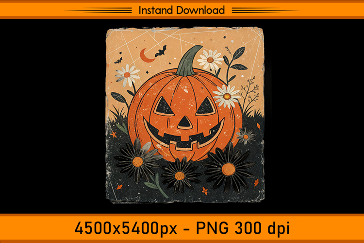 Vintage Pumpkin and Daisies Halloween Sublimation PNG