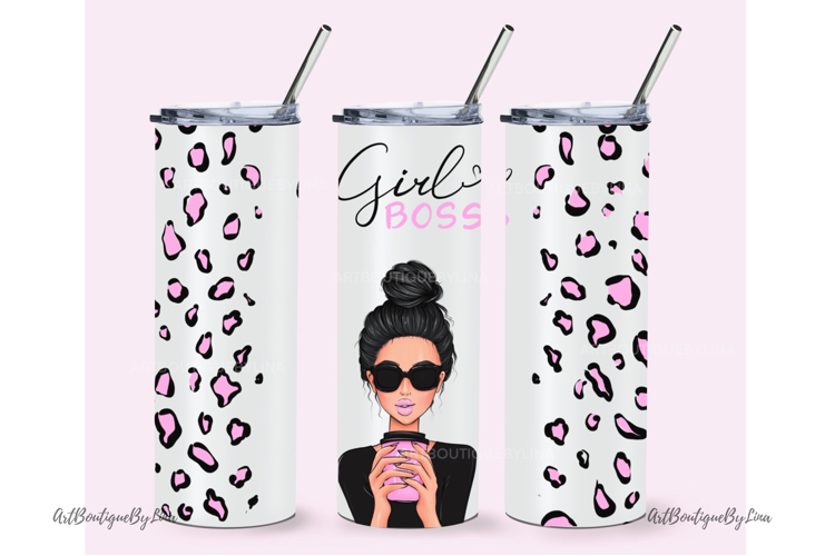 Boss Babe Pink Tumbler Design Black Hair Girl PNG JPEG