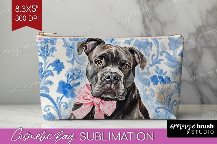Cane Corso Dog Cosmetic Bag Blue Toile Makeup Bag PNG