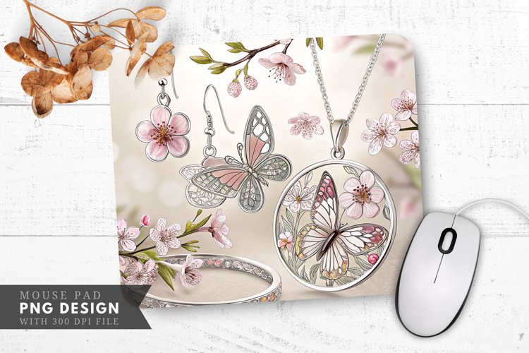 Butterfly and Floral Jewelry Design Mouse Pad PNG example image 1