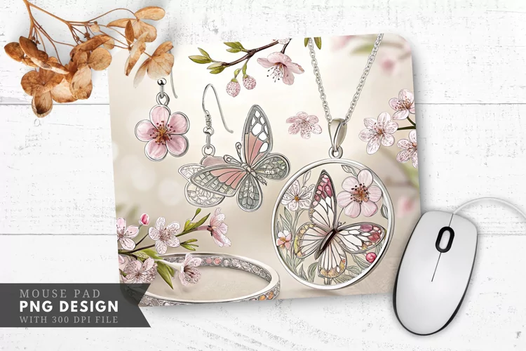Butterfly and Floral Jewelry Design Mouse Pad PNG