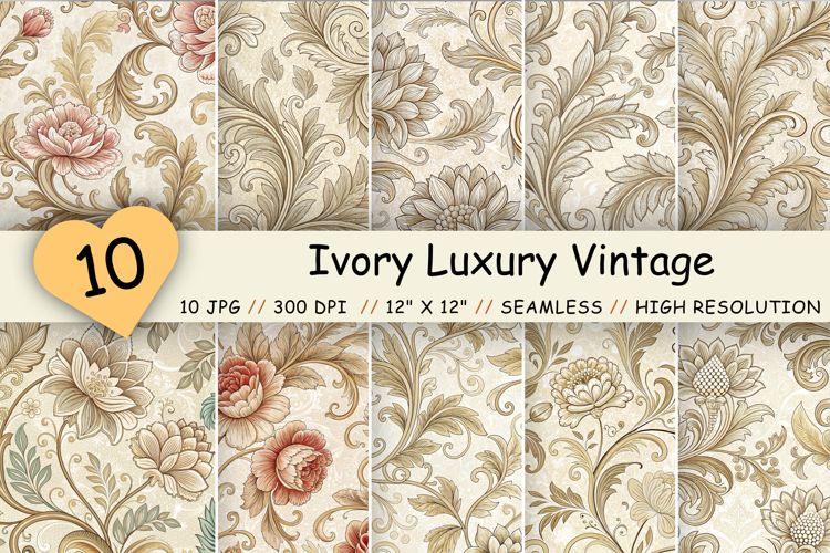 Ivory Luxury Vintage Patterns Bundle, Elegant Seamless