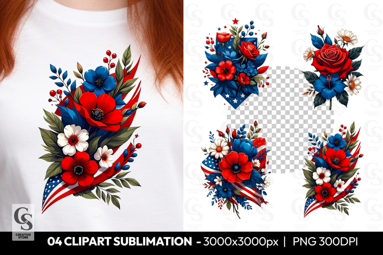 Patriotic Floral Bouquet Sublimation Clipart PNG