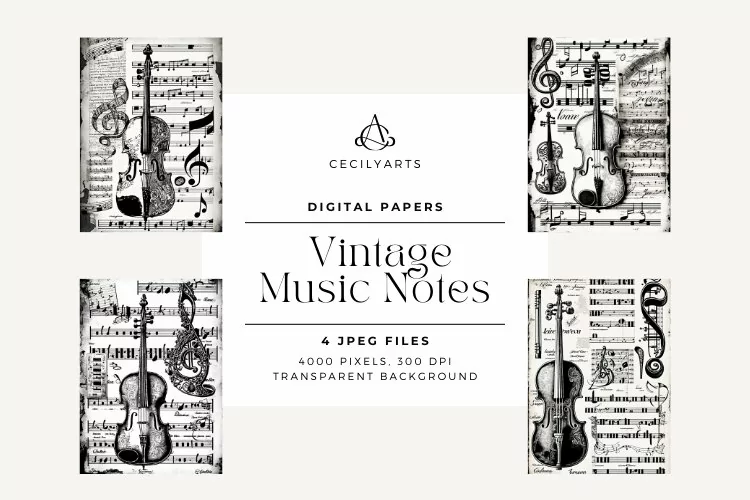 4 Vintage Music Notes Instruments Paper