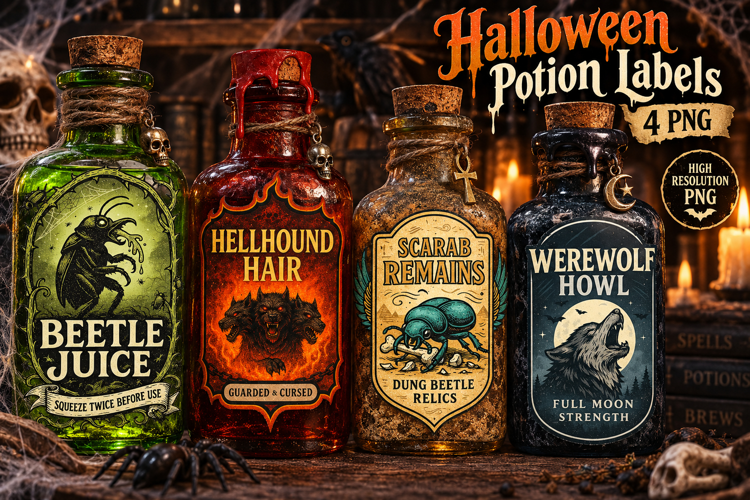 Halloween Potion Labels PNG, Werewolf Hellhound Beetle