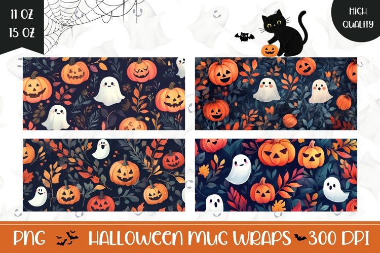 Cartoon Halloween Ghosts Mug Wrap, Fall Pumpkins Mug PNG