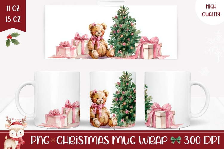 Cartoon Christmas Teddy Bear Mug, Pink Christmas Mug Wrap