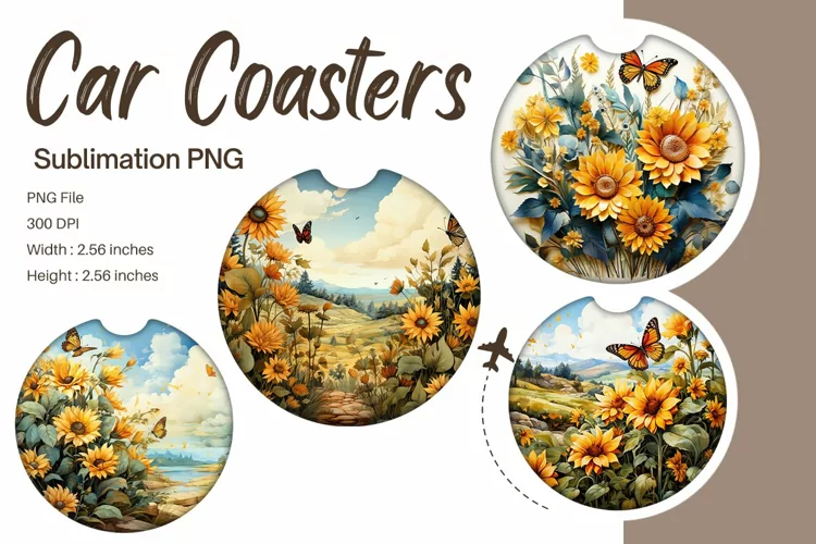Butterfly Sunflower Car Coasters Sublimation Car Accessories