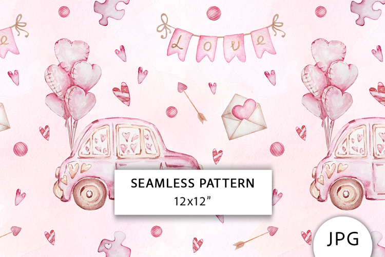 Pink Car with Balloons Seamless Pattern, Valentines paper