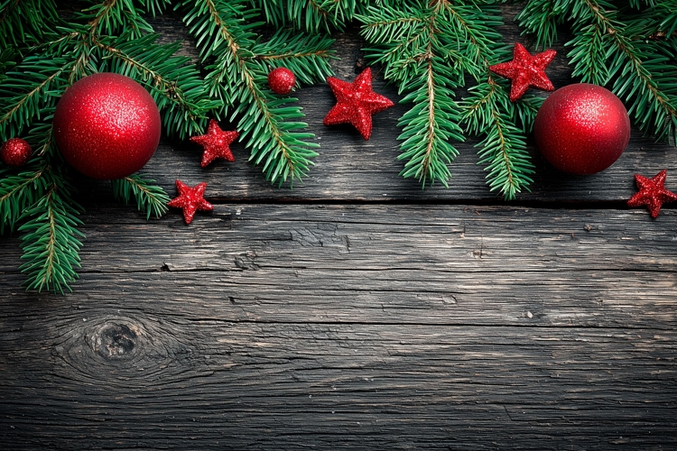 Red Christmas Balls Background, Wooden Background PNG