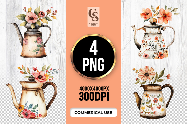 Vintage Floral Teapot Clipart Sublimation PNG