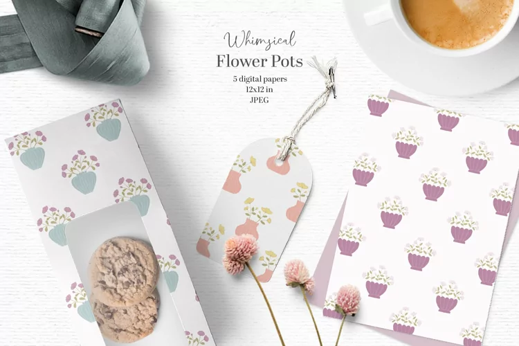 Whimsical flower pots digital papers