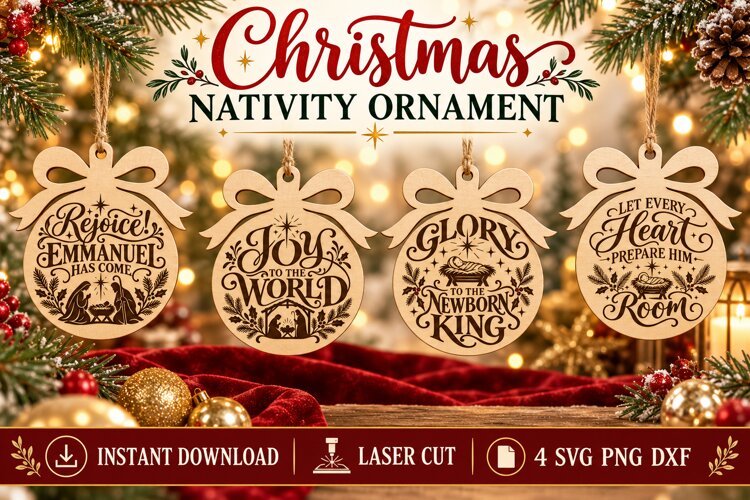 Christmas Nativity Ornament SVG PNG DXF, Joy to the World example image 1