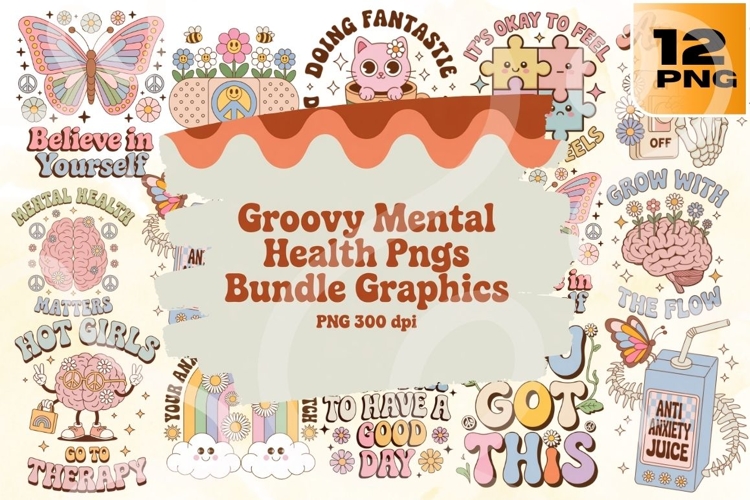 Groovy Mental Health PNG Bundle 12 Retro Sublimation Designs