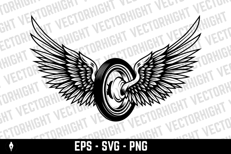 Black and white winged wheel illustration isolated on white