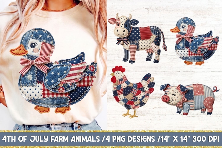 4th of July Farm Animals Faux Patchwork Sublimation PNG. example image 1
