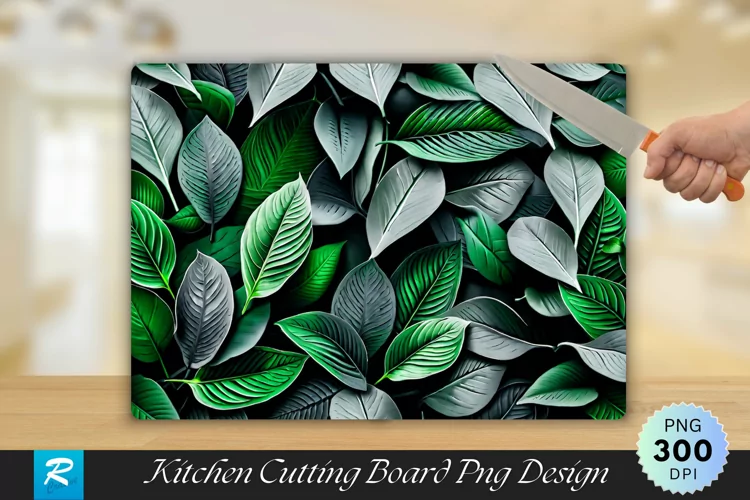 Dark gray Green Leaves Cutting Board Sublimation Design