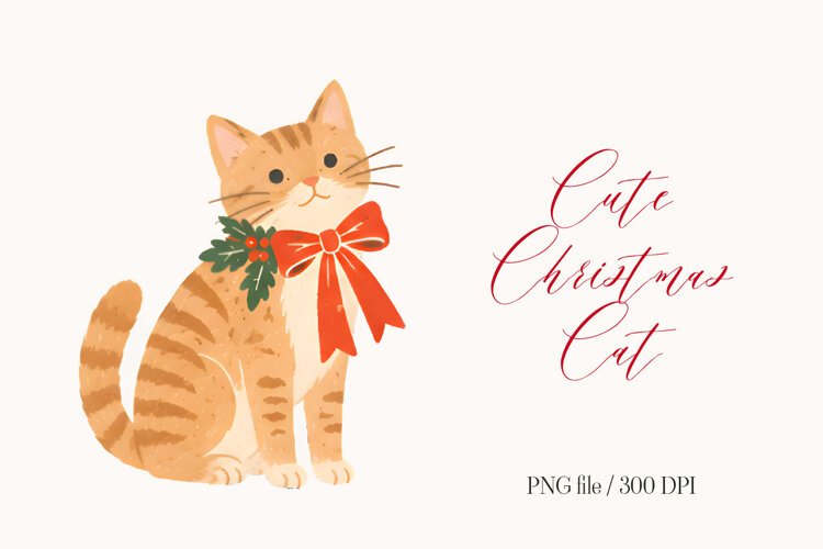 Cute Christmas Ginger Cat with Red Bow example image 1