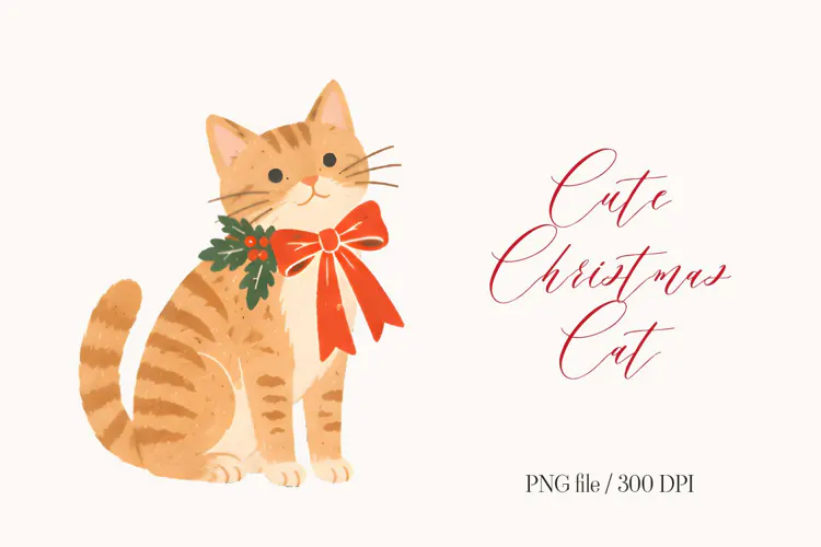 Cute Christmas Ginger Cat with Red Bow